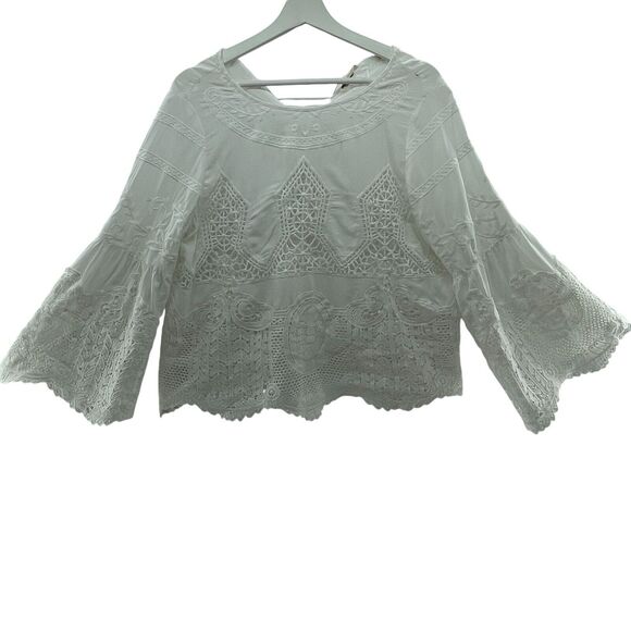 Soft Surroundings PM Petite Arlette Blouse Crochet Lace Embroidered Bell Sleeve - Picture 2 of 16
